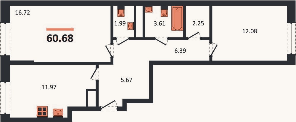 Планировка: 2-к, 60,7 м²