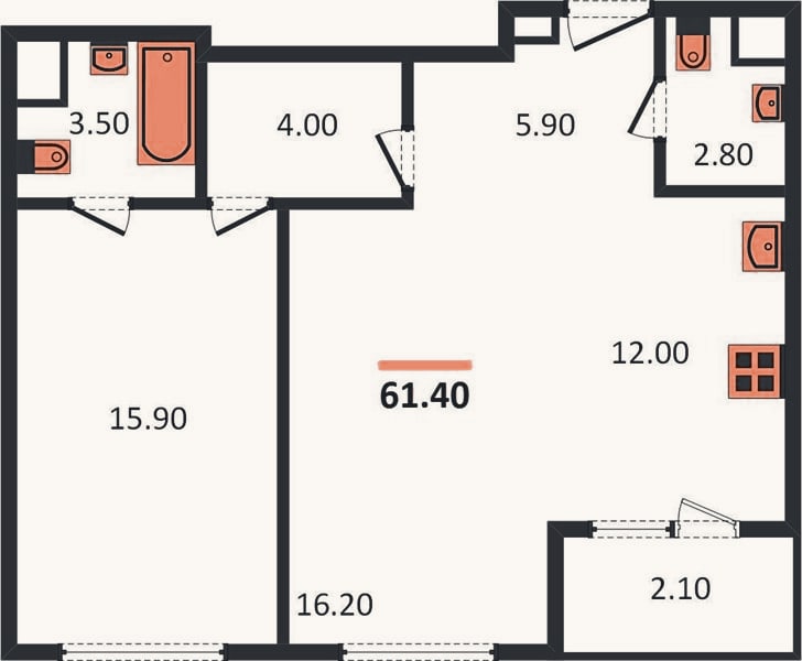 Планировка: 1-к, 61,4 м²