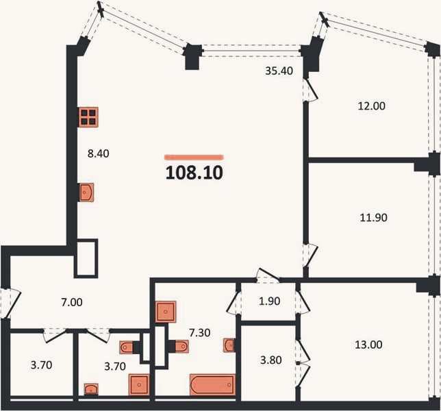 Планировка: 3-к, 108,1 м²