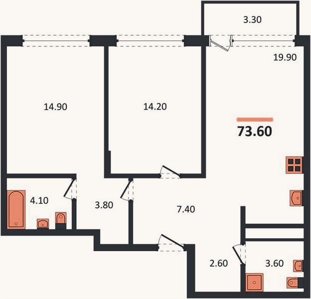 Планировка: 2-к, 73,6 м²