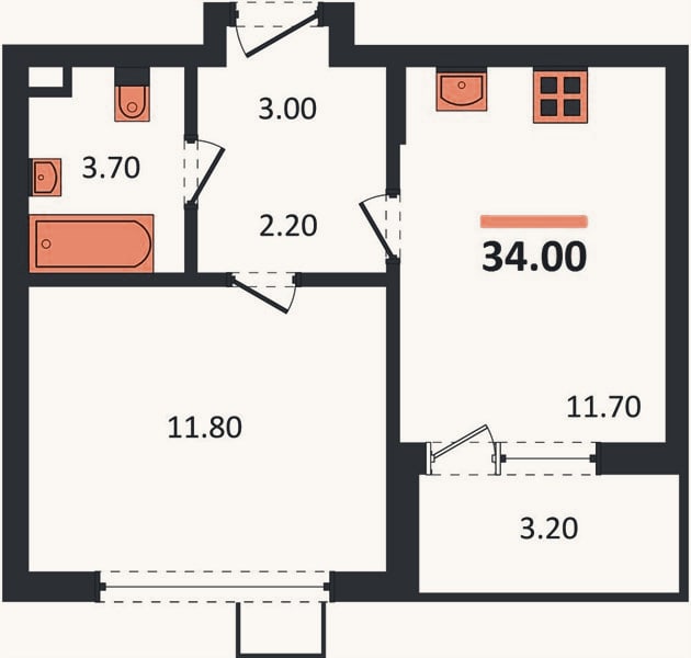 Планировка: 1-к, 34 м²
