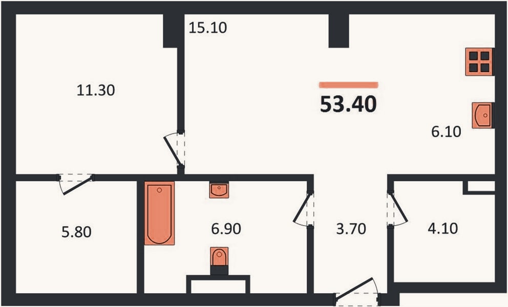 Планировка: 1-к, 53,4 м²