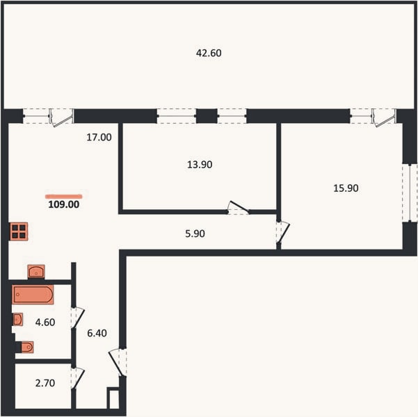 Планировка: 2-к, 109 м²