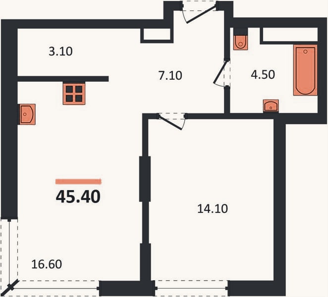 Планировка: 1-к, 45,4 м²