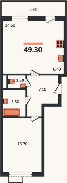 Планировка: 1-к, 49,3 м²