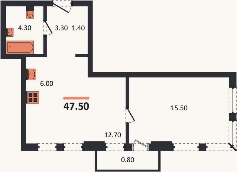 Планировка: 1-к, 47,5 м²