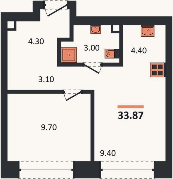 Планировка: 1-к, 33,9 м²