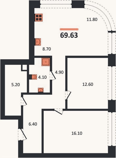 Планировка: 2-к, 69,6 м²