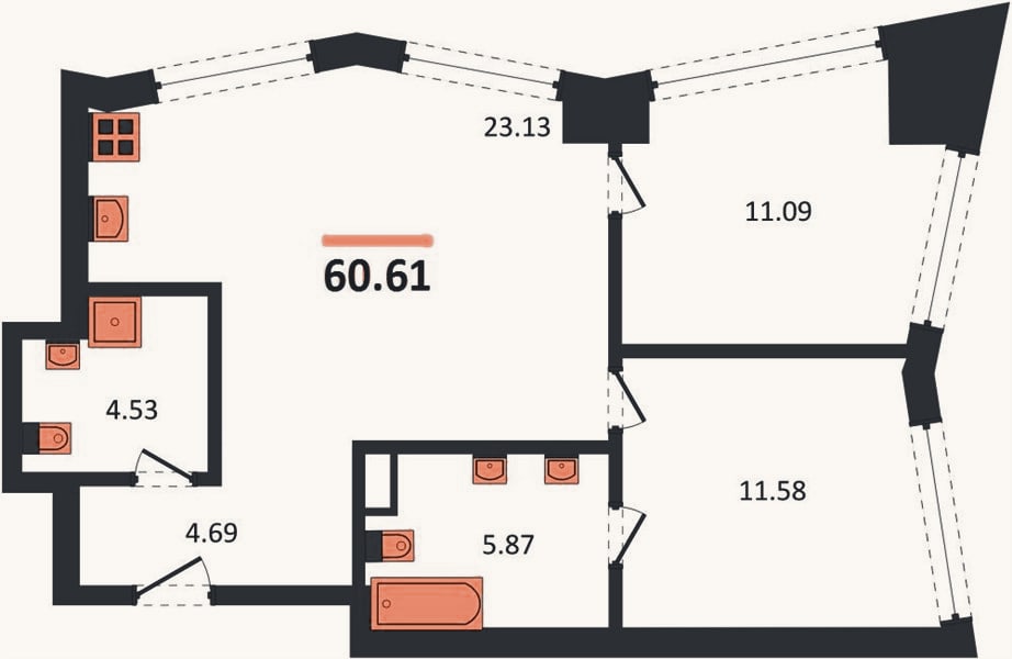 Планировка: 2-к, 60,6 м²