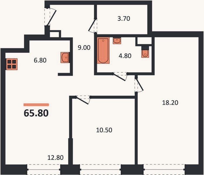 Планировка: 2-к, 65,8 м²