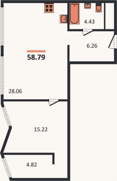 Планировка: 1-к, 58,8 м²