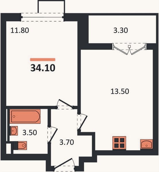 Планировка: 1-к, 34,1 м²