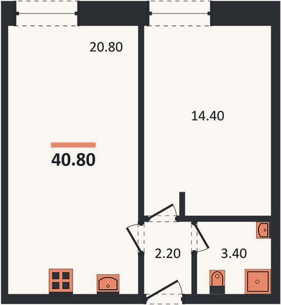 Планировка: 1-к, 40,8 м²