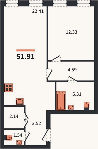 Планировка: 1-к, 51,9 м²