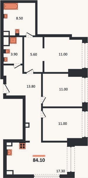 Планировка: 3-к, 84,1 м²