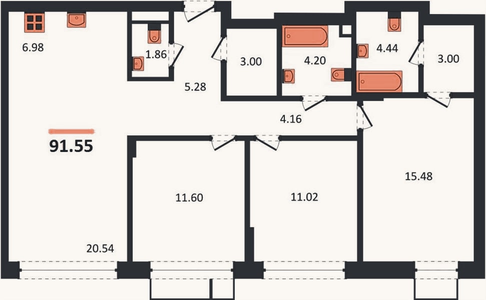Планировка: 3-к, 91,6 м²
