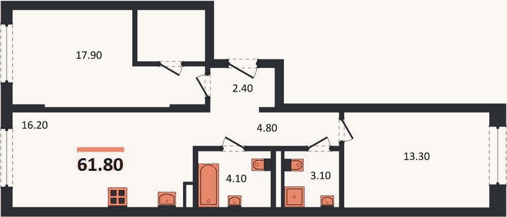 Планировка: 2-к, 61,8 м²