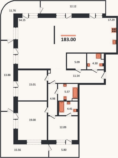 Планировка: 3-к, 183 м²