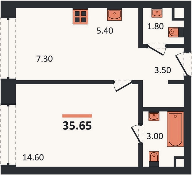 Планировка: 1-к, 35,7 м²