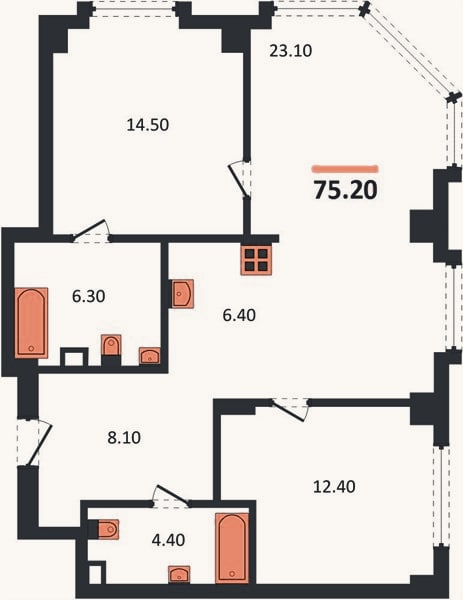 Планировка: 2-к, 75,2 м²