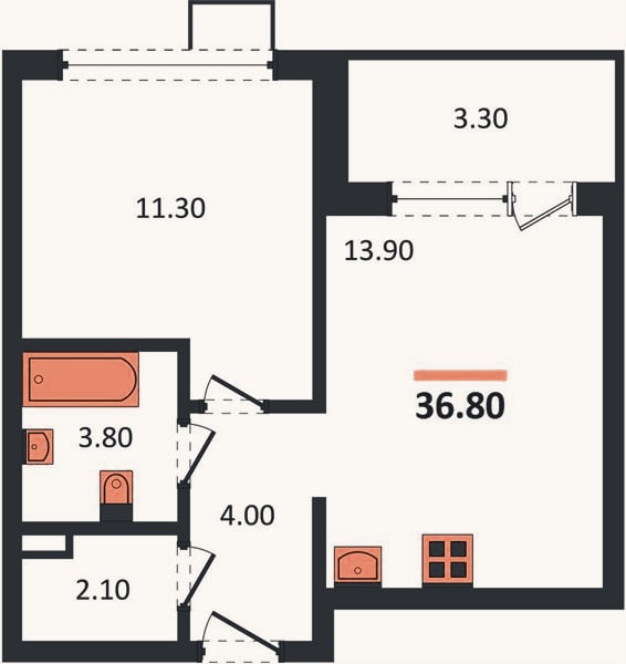 Планировка: 1-к, 36,8 м²