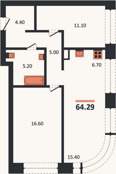 Планировка: 2-к, 64,3 м²