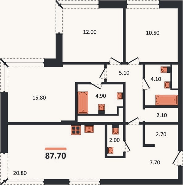 Планировка: 3-к, 87,7 м²