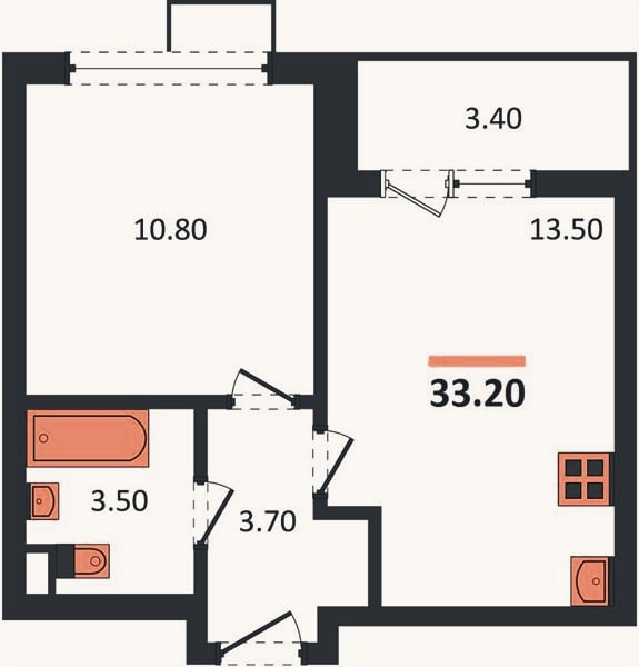 Планировка: 1-к, 33,2 м²