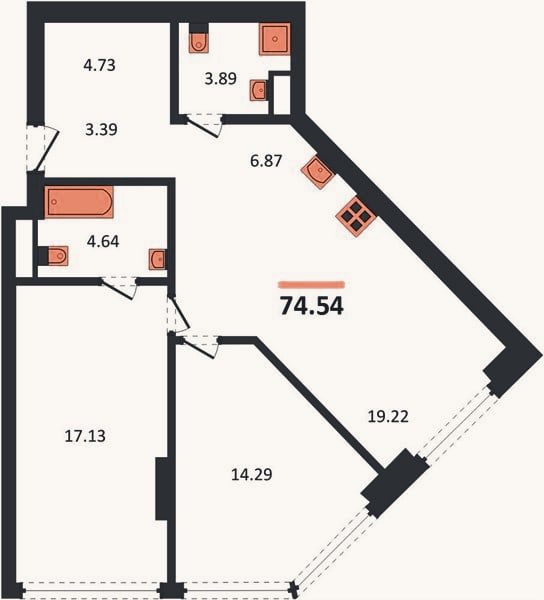 Планировка: 2-к, 74,5 м²
