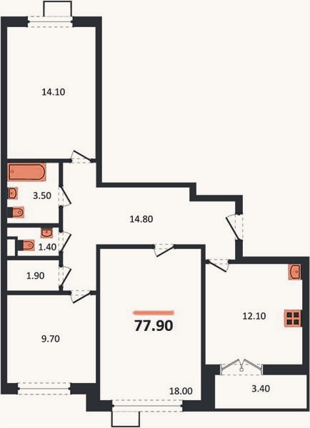 Планировка: 3-к, 77,9 м²