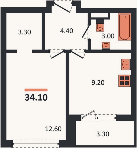 Планировка: 1-к, 34,1 м²