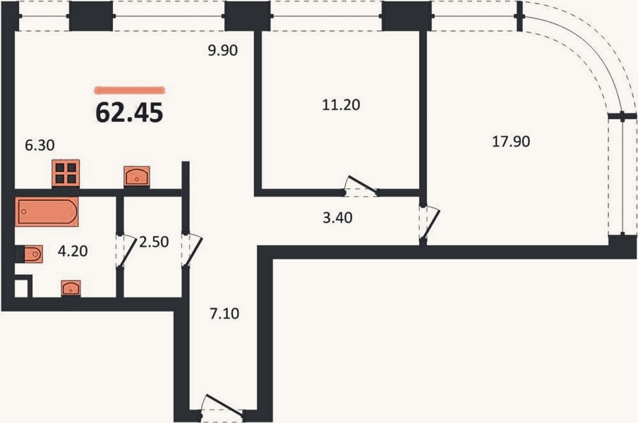 Планировка: 2-к, 62,5 м²