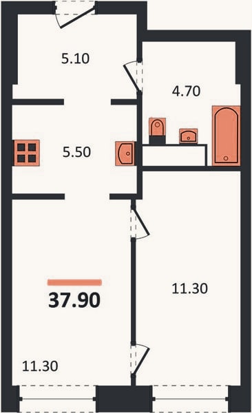 Планировка: 1-к, 37,9 м²