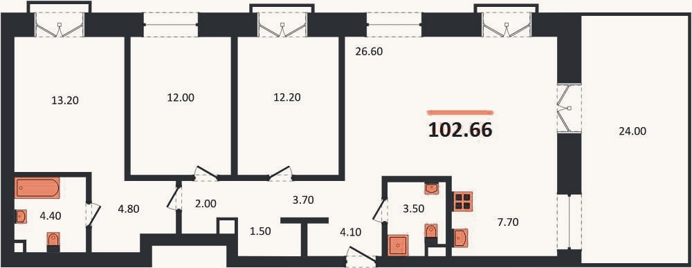 Планировка: 3-к, 102,7 м²