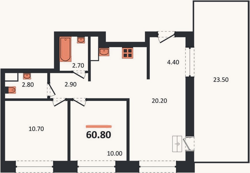 Планировка: 2-к, 60,8 м²