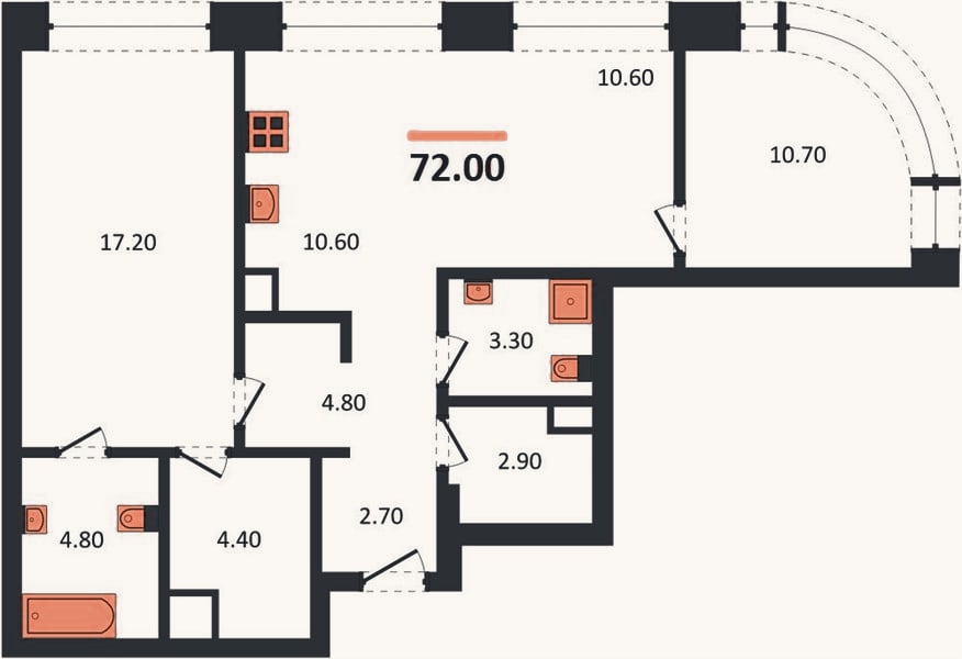 Планировка: 2-к, 72 м²