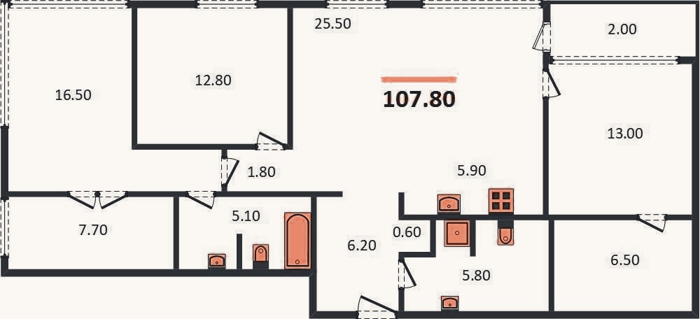 Планировка: 3-к, 107,8 м²