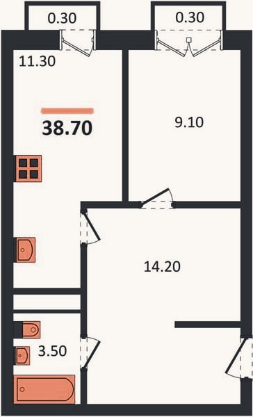 Планировка: 1-к, 38,7 м²