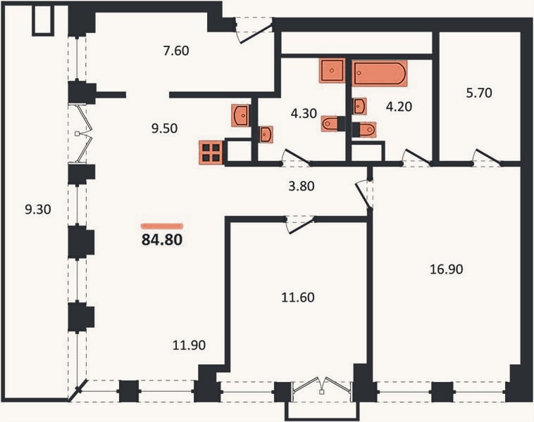 Планировка: 2-к, 84,8 м²