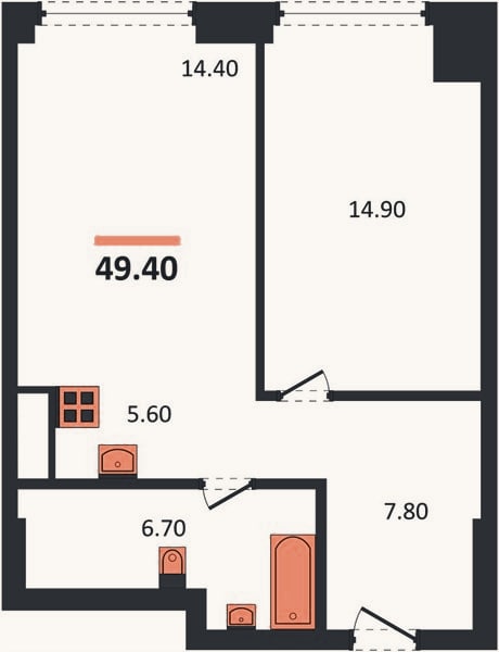 Планировка: 1-к, 49,4 м²