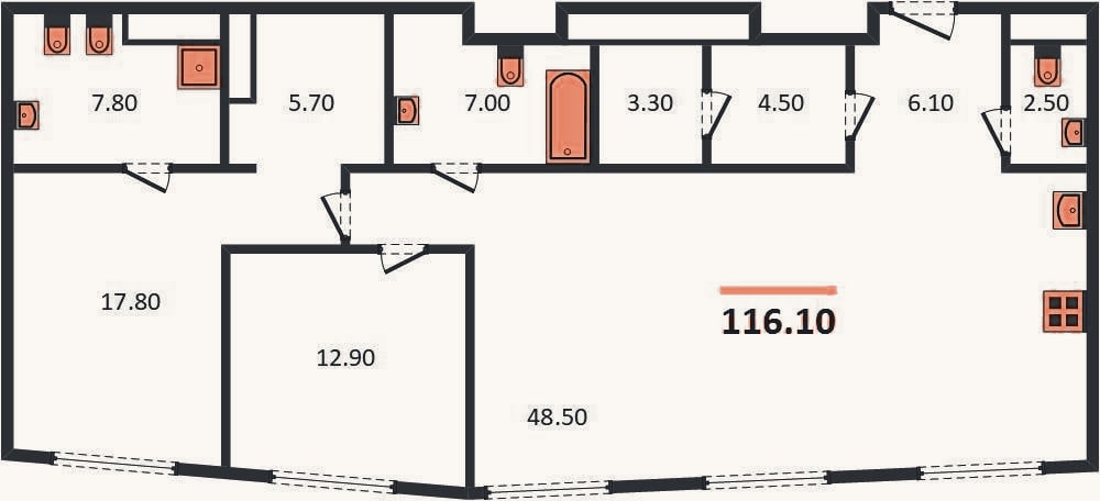Планировка: 2-к, 116,1 м²