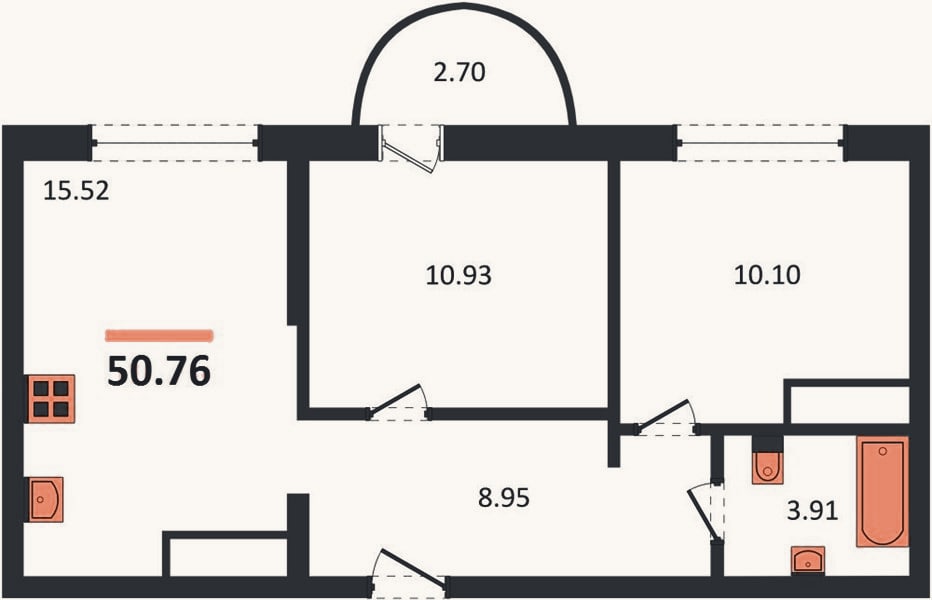 Планировка: 2-к, 50,8 м²