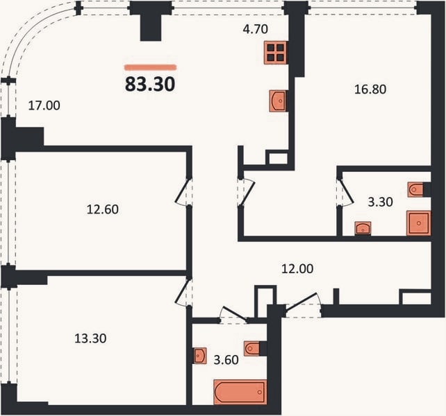Планировка: 3-к, 83,3 м²