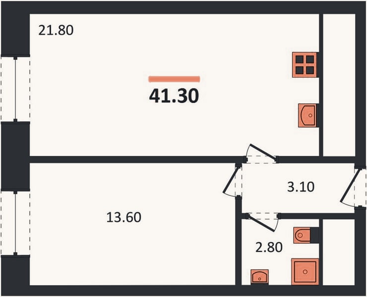 Планировка: 1-к, 41,3 м²