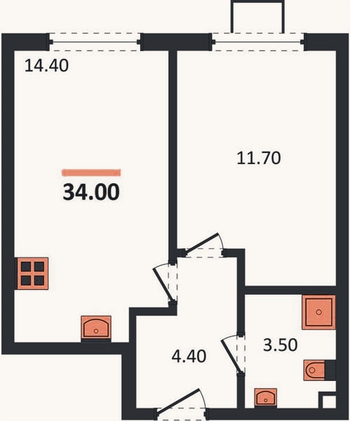 Планировка: 1-к, 34 м²
