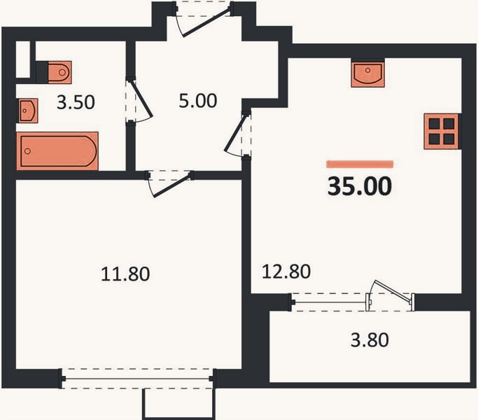 Планировка: 1-к, 34,9 м²