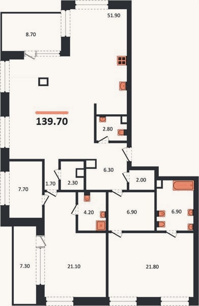 Планировка: 2-к, 139,7 м²