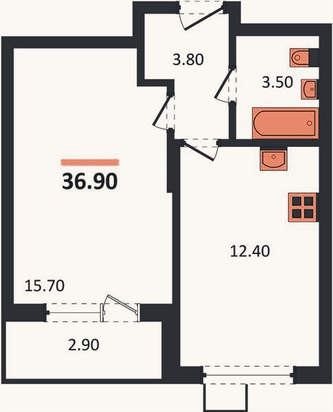 Планировка: 1-к, 36,9 м²