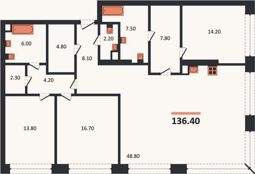 Планировка: 3-к, 136,4 м²