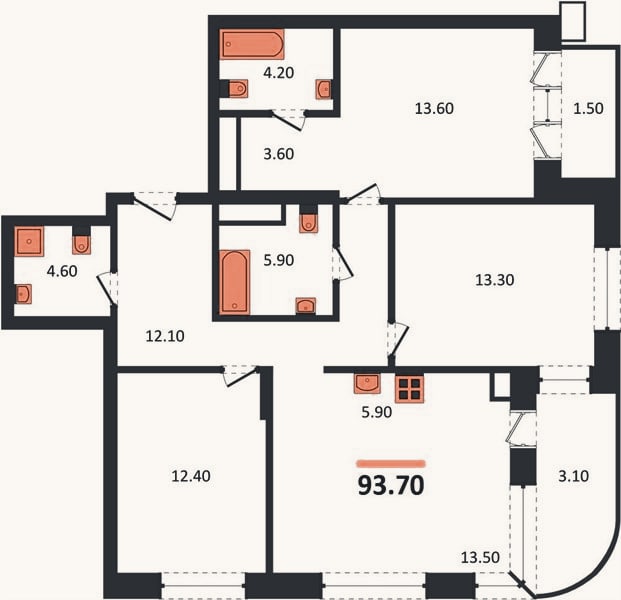 Планировка: 3-к, 93,7 м²
